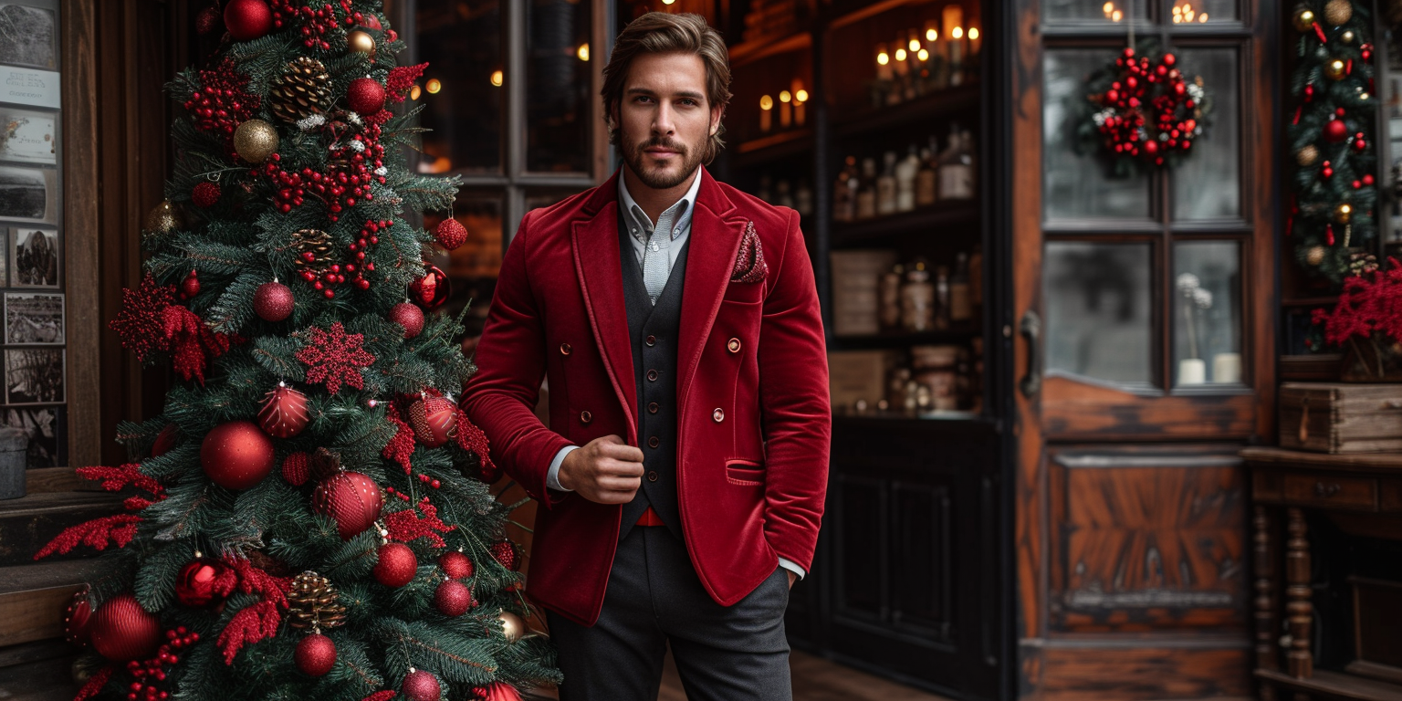 a man in fron of a christmas tree wearing a red velvet blazer