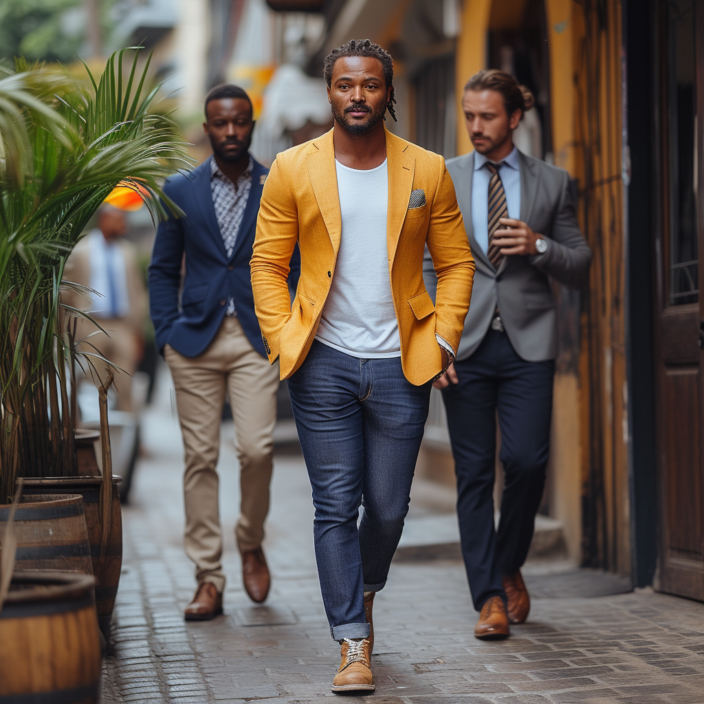 Three men are walking down a cobblestone street. The man in front is wearing a yellow blazer, white shirt, and blue jeans. The man on the left is wearing a navy blazer and beige pants. The man on the right is wearing a grey blazer and dark pants.