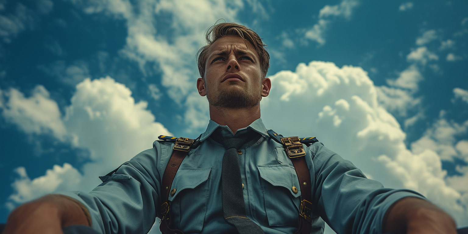 A soldier in a light blue uniform, wearing a tie and leather straps, gazes upward with a sky filled with fluffy clouds in the background. 