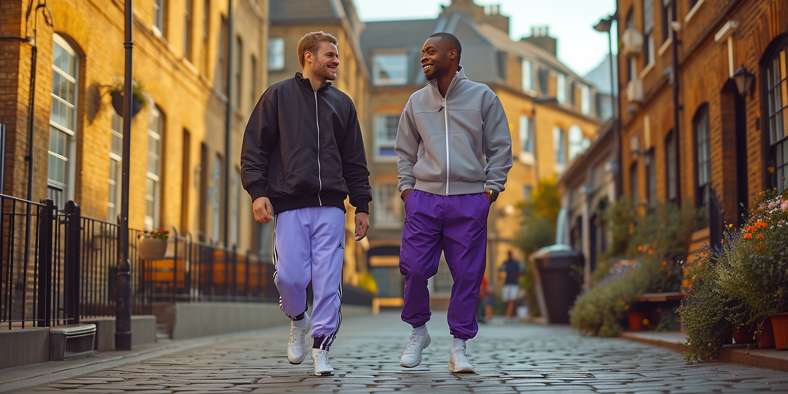 Two men, one in a black jacket and lavender pants, the other in a gray jacket and purple pants, walk and converse on a cobblestone street lined with brick buildings.