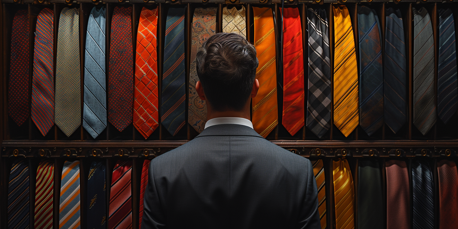 A man in a suit stands with his back to the camera, facing a display of colorful neckties arranged neatly on a wall.