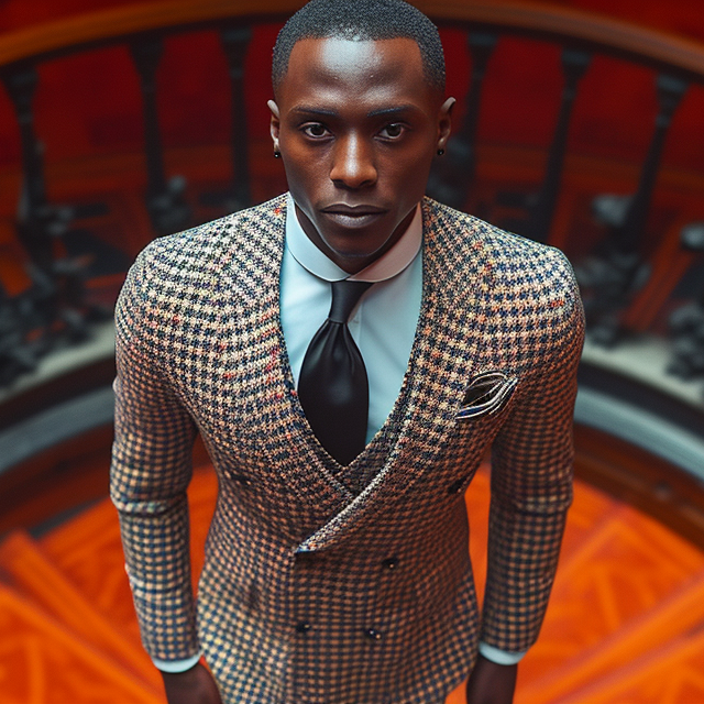 A man stands confidently in a houndstooth-patterned suit, viewed from above. He is positioned at the center of a circular staircase with an ornate railing and a richly colored floor.