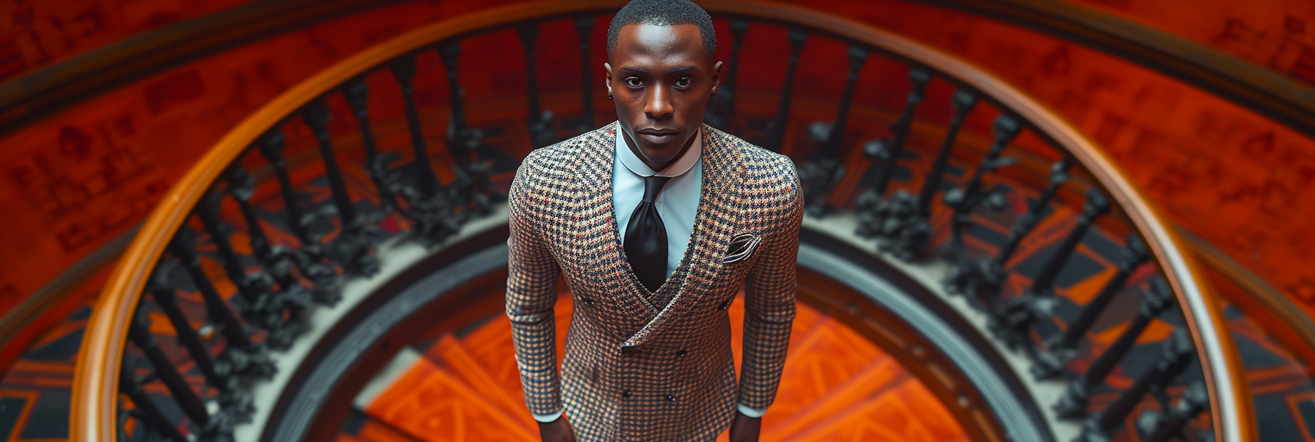A man stands confidently in a houndstooth-patterned suit, viewed from above. He is positioned at the center of a circular staircase with an ornate railing and a richly colored floor.