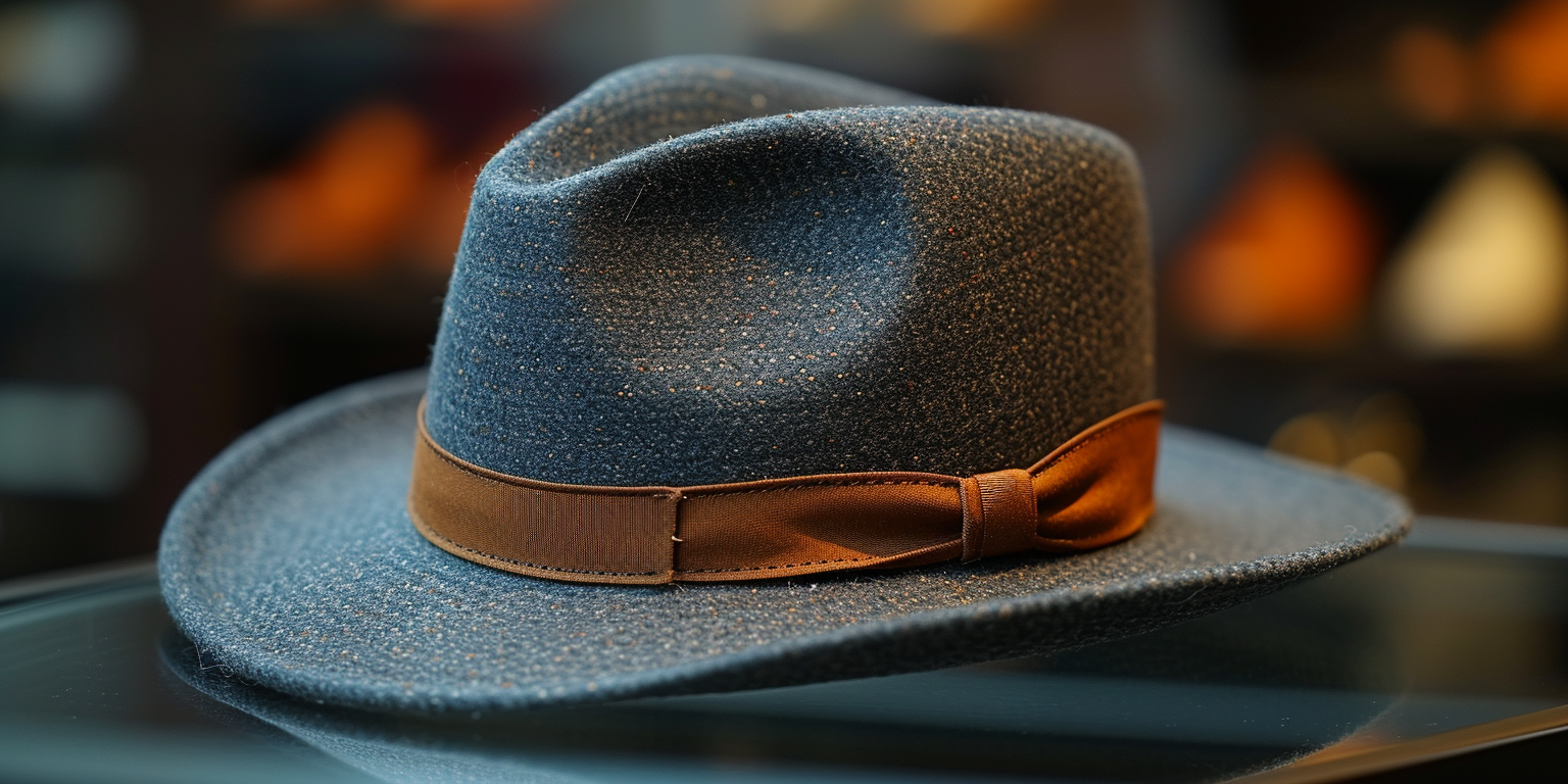 A stylish gray pinch hat with a brown band and bow detail displayed on a glass surface. The background is softly blurred, highlighting the hat's texture and craftsmanship