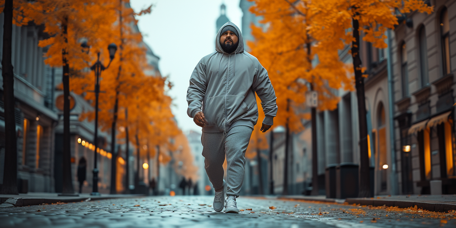 A man wearing a gray tracksuit and a hood walks along a city street lined with bright yellow autumn trees. It's a cool day, and the street is paved with cobblestones.