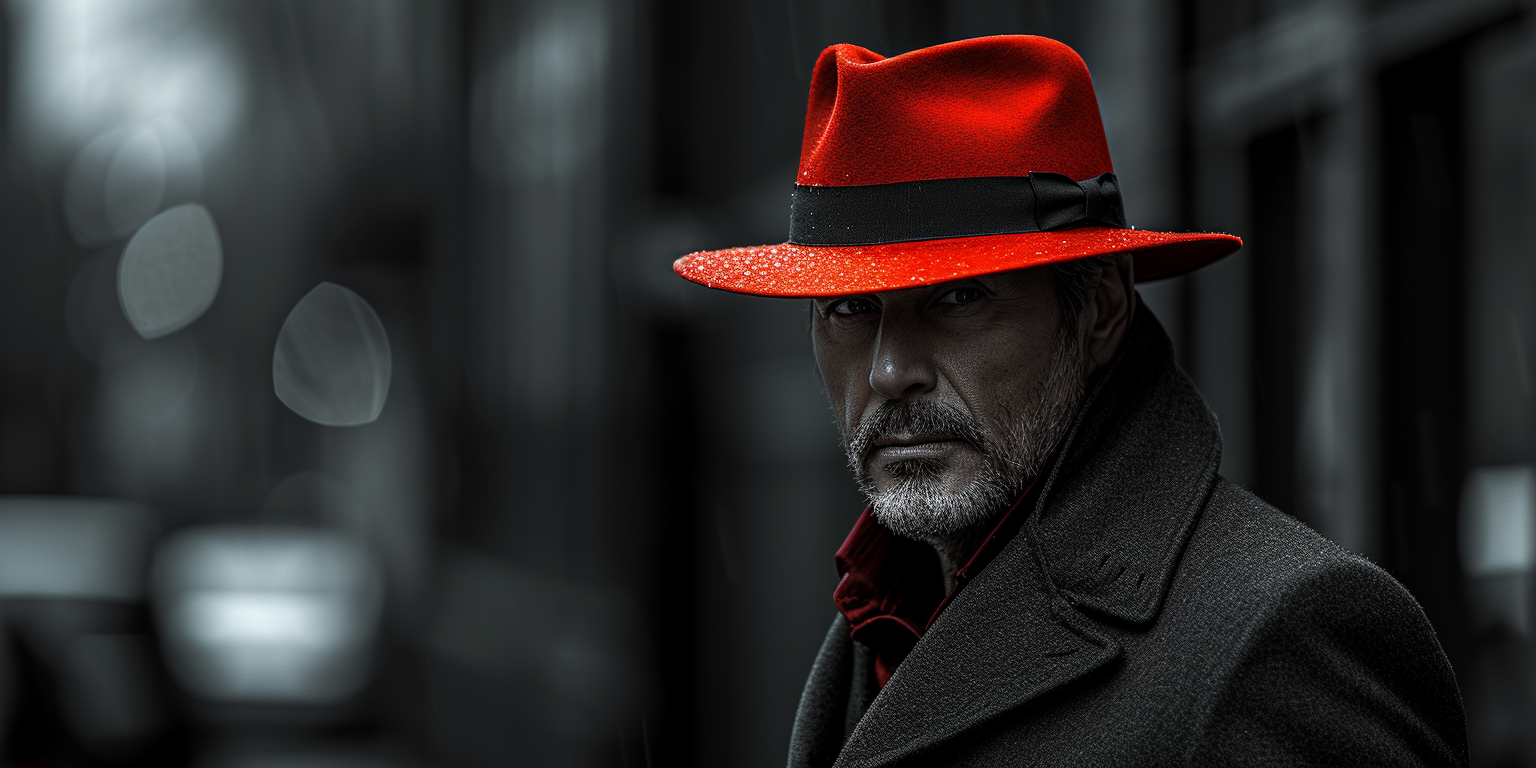 A serious-looking man with a gray beard wears a bright red hat and a dark overcoat, standing in a dimly-lit city street with blurred lights in the background