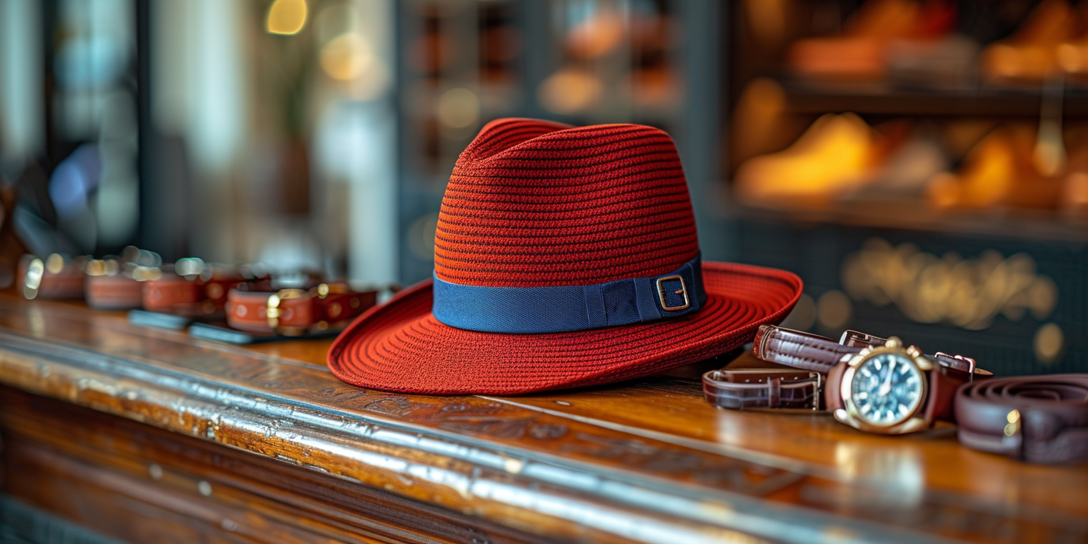 A stylish red fedora with a blue band is displayed on a wooden counter. Next to the hat are several leather wristwatches and belts. 