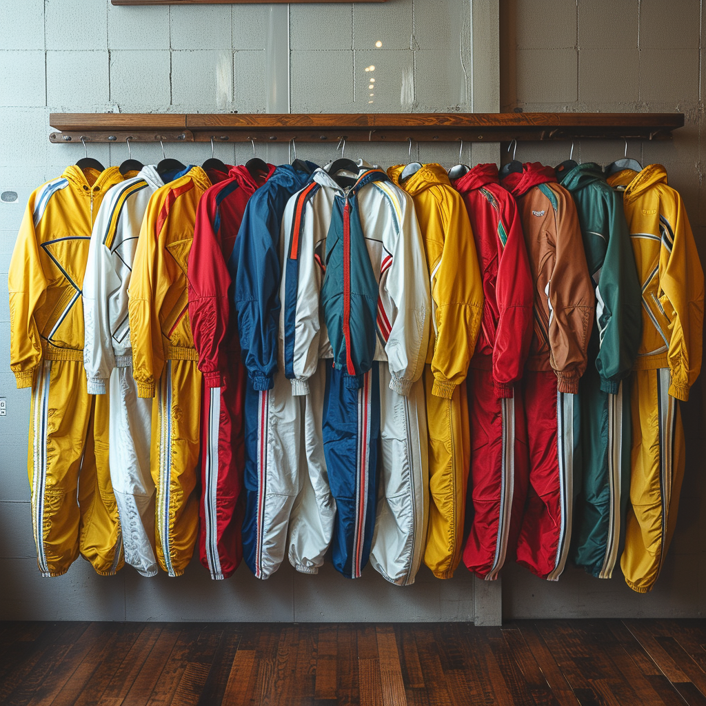 A row of colorful vintage tracksuits, featuring shades of yellow, red, blue, green, and white, hang neatly on a wooden rack. The tracksuits display retro designs with stripes and geometric patterns.