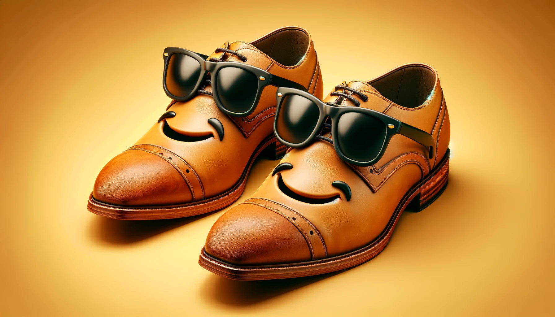 A pair of brown leather dress shoes with black sunglasses resting on them, creating a playful face-like appearance.