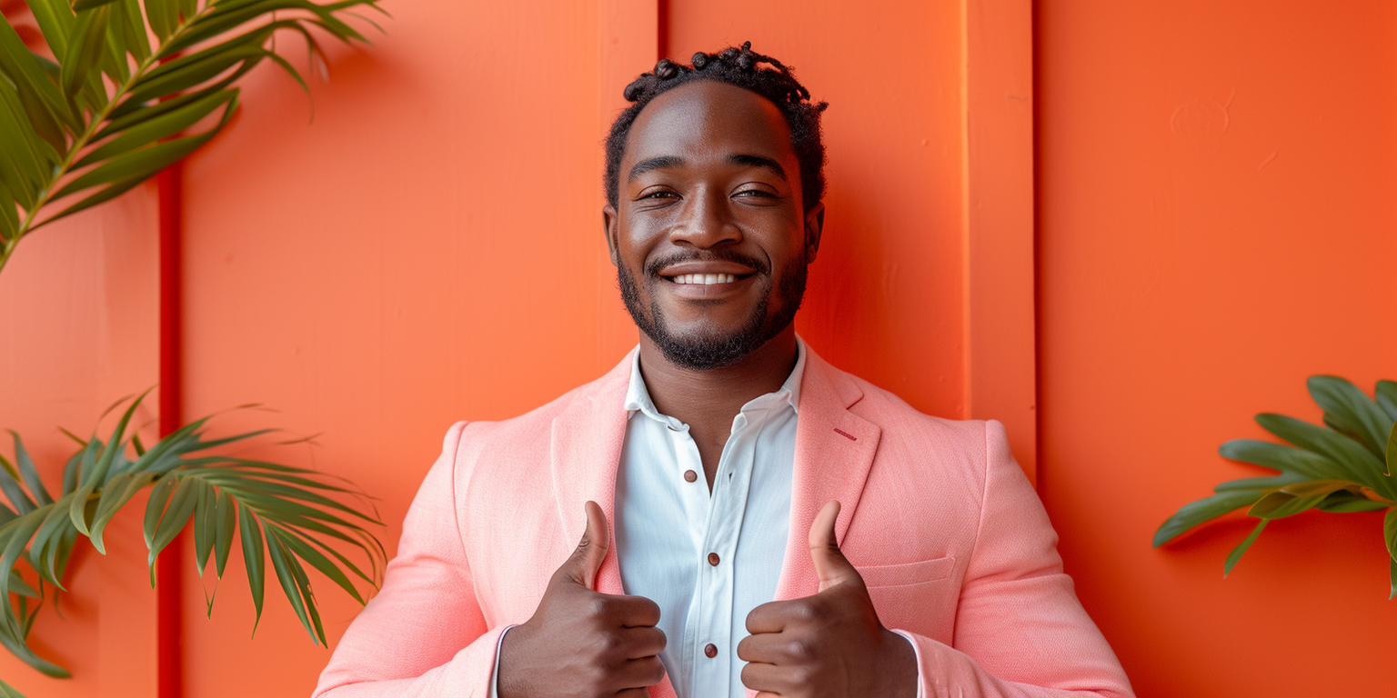 A man in a pink blazer and white shirt smiles and gives two thumbs up in front of an orange wall.