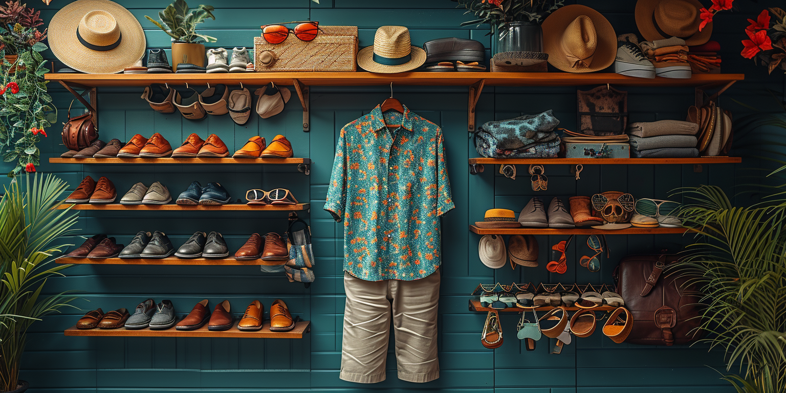 A well-organized wardrobe with a short pants walking suit consisting of tropical shirt and shorts, surrounded by various shoes, hats, and accessories.