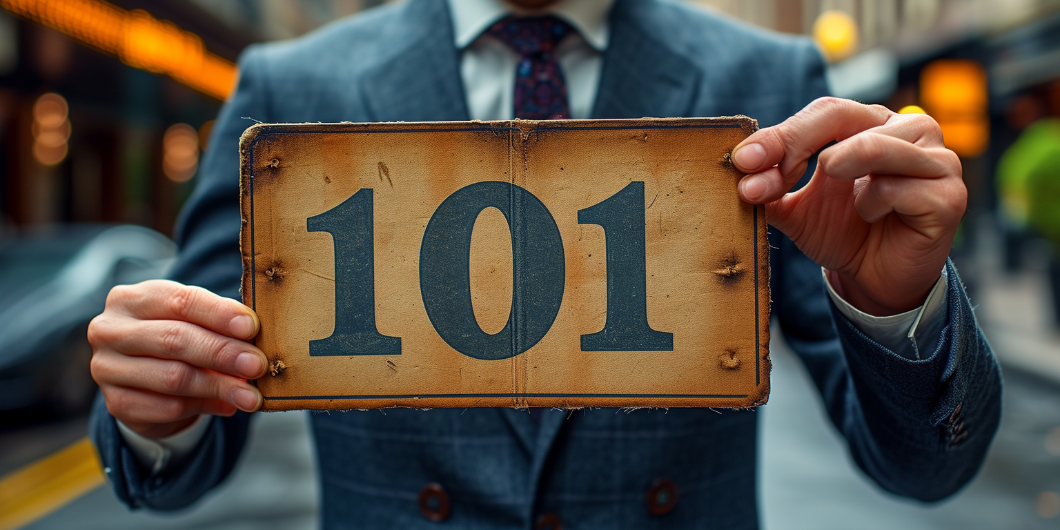 a man wearing a suit holding a sign that says "101"