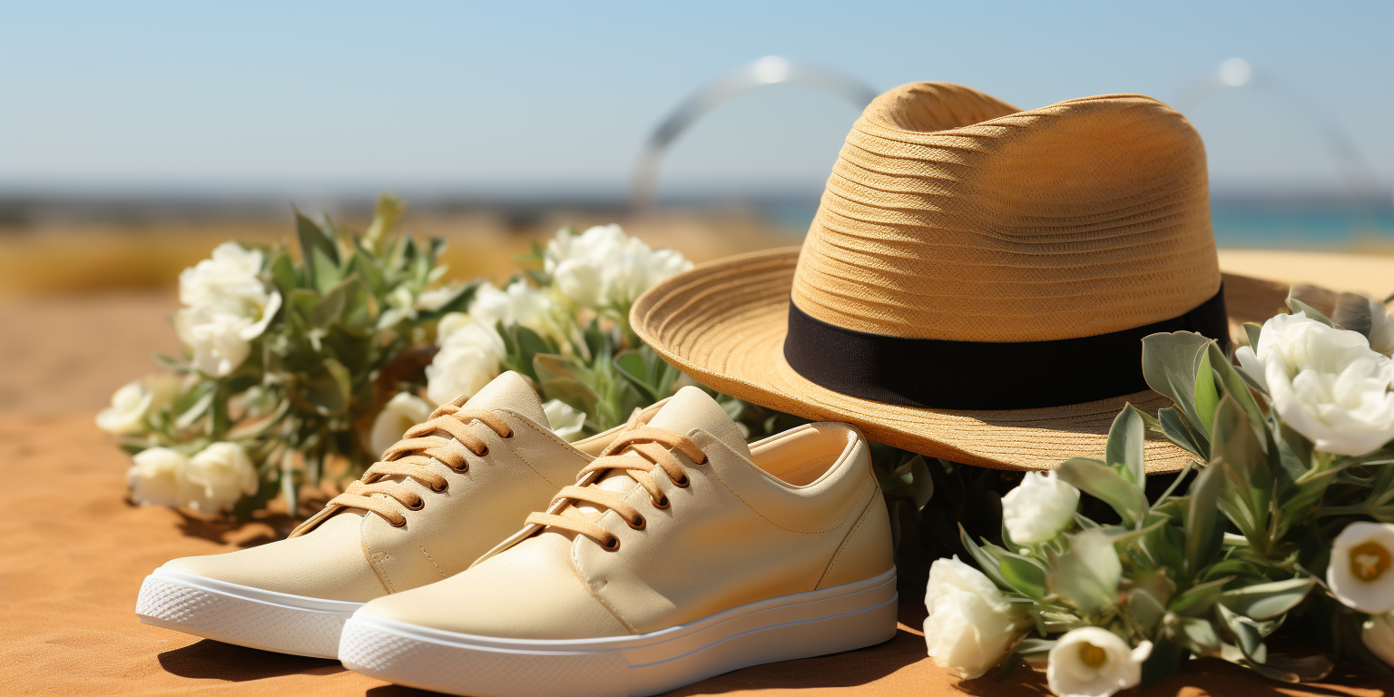 A pair of light-colored sneakers and a straw hat with a black band are placed on a sandy surface. White flowers surround them, and the background shows a sunny beach.