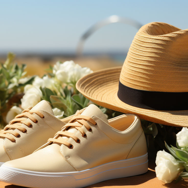 A pair of light-colored sneakers and a straw hat with a black band are placed on a sandy surface. White flowers surround them, and the background shows a sunny beach.