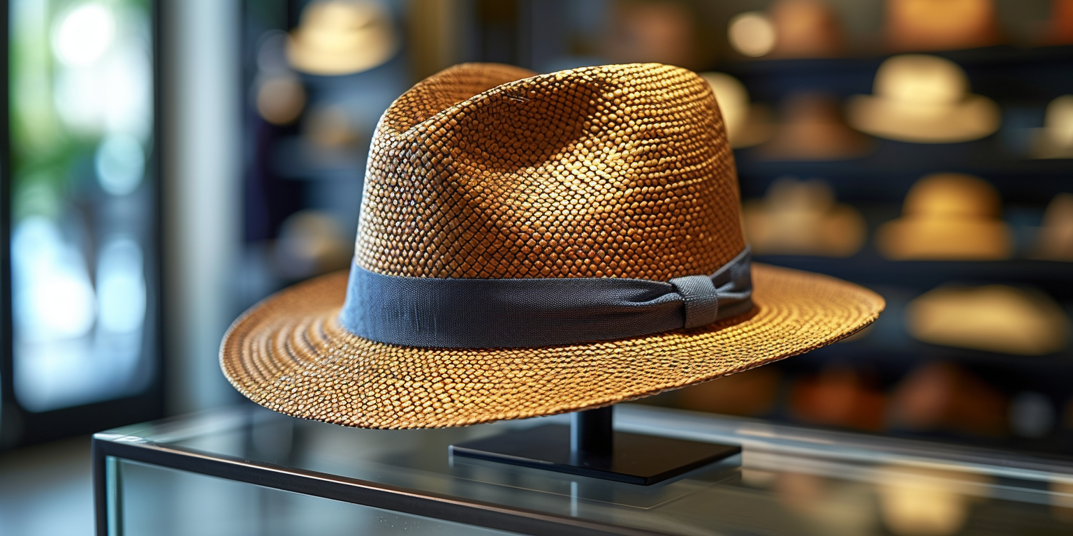 A straw fedora with a gray ribbon displayed on a glass stand in a hat shop.