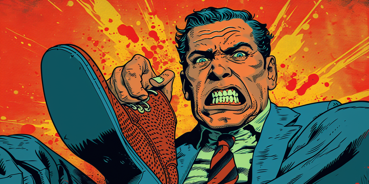 a comic book like image in a lot of pain trying to put on a shoe.