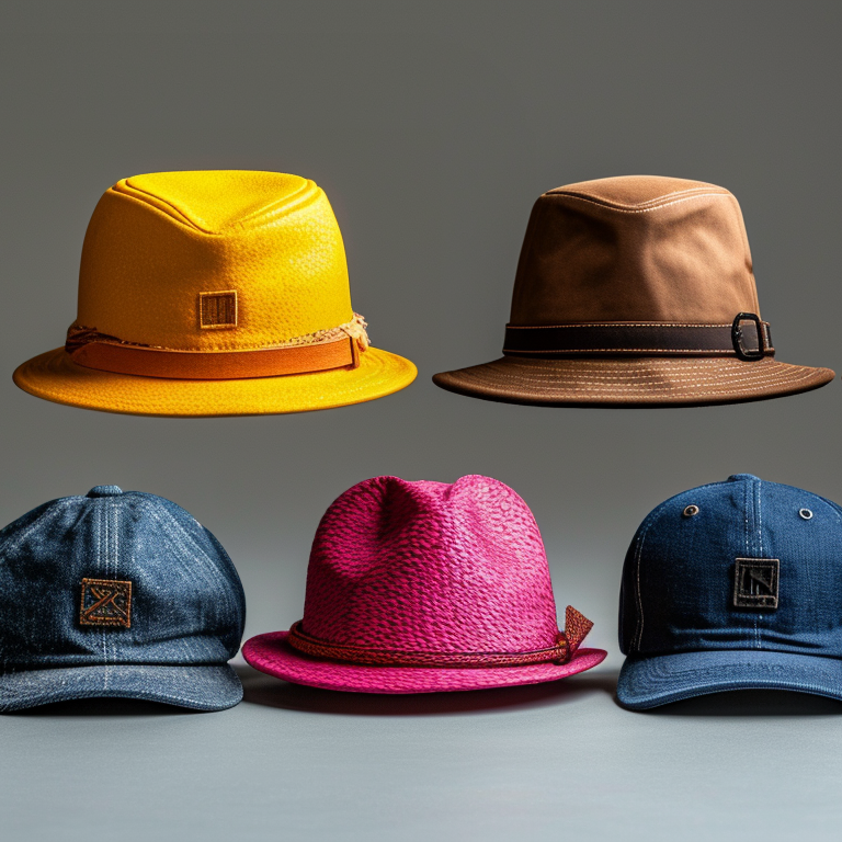 Collection of different hats lined up. There are two rows with hats like denim ones, a bright yellow hat, a pink hat, and blue caps, all set against a plain background.
