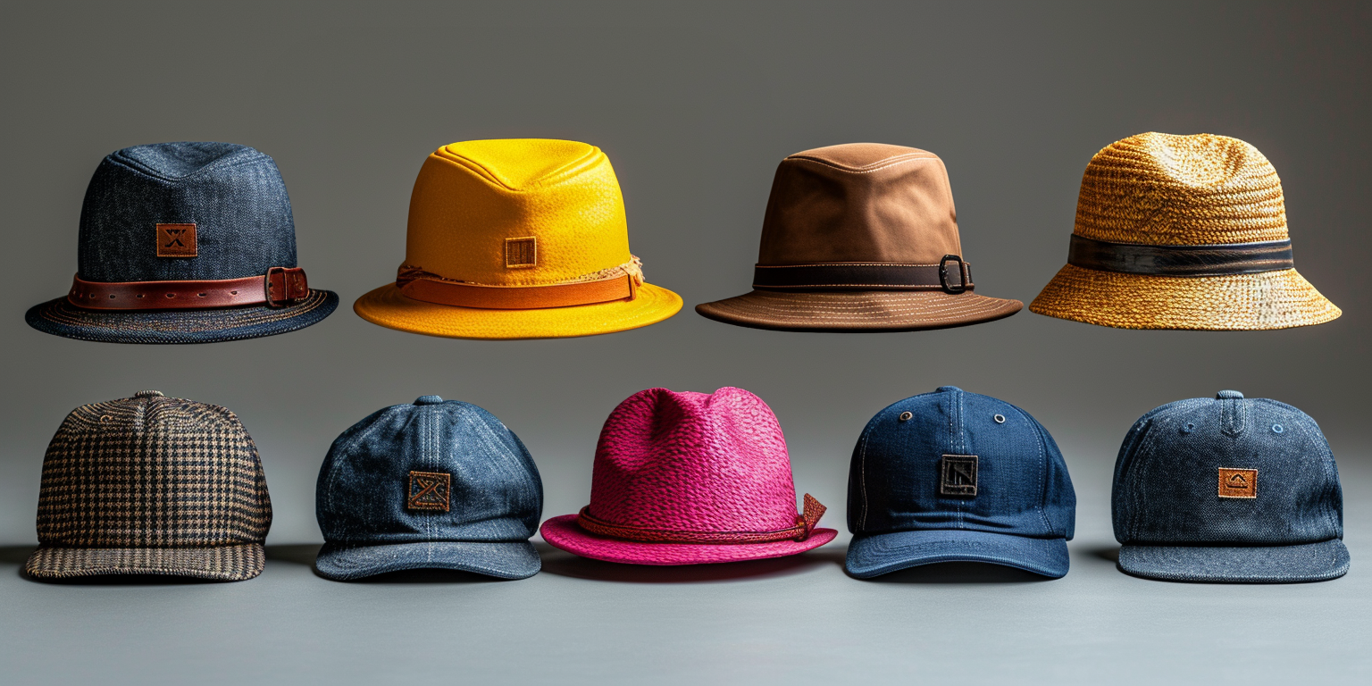 Collection of different hats lined up. There are two rows with hats like denim ones, a bright yellow hat, a pink hat, and blue caps, all set against a plain background.