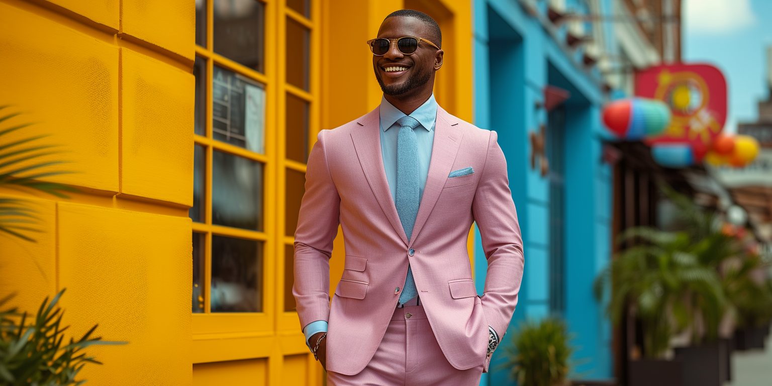 a man on a sunny day wearing a pink suit.