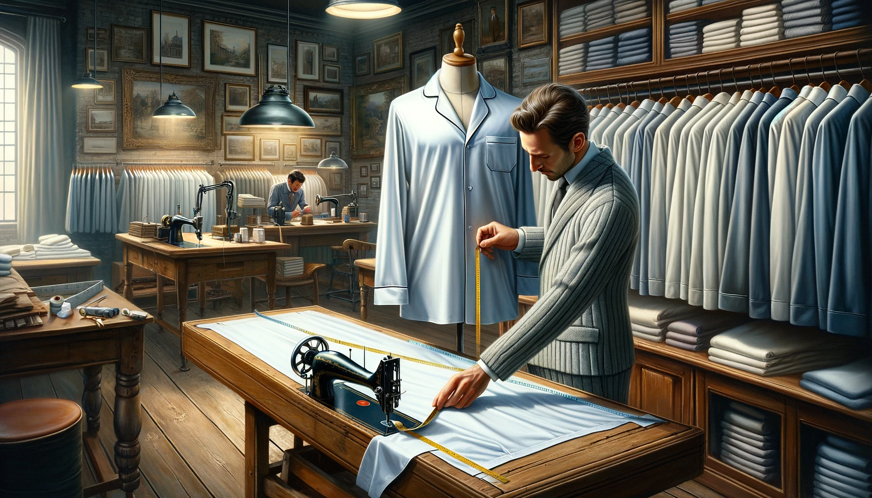 a man in a clothes factory measuring a walking suit.