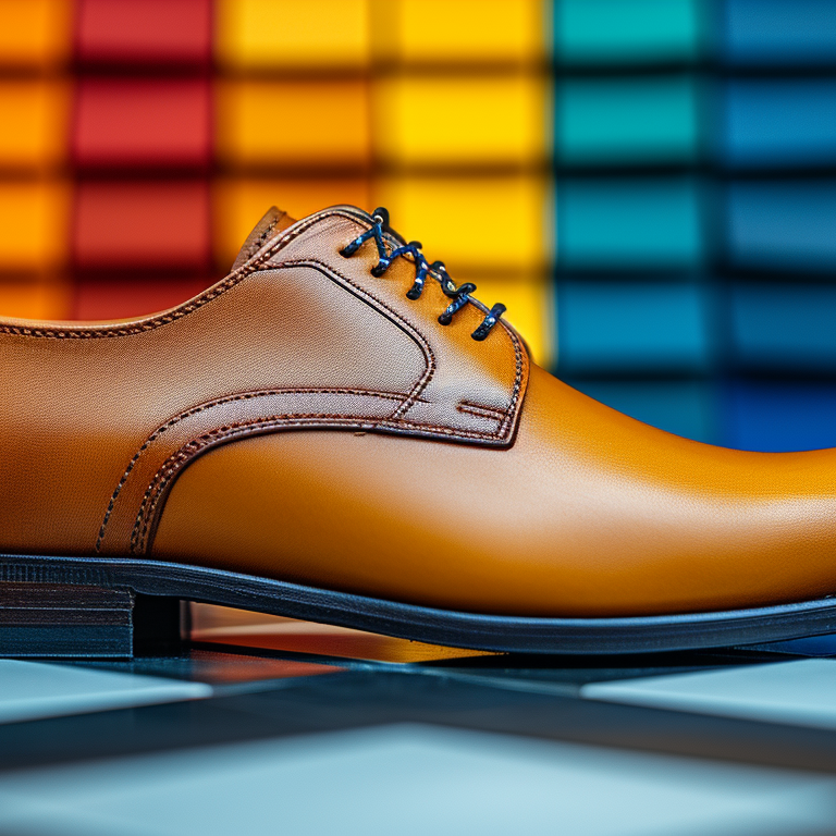 Stylish leather tan shoe on a reflective surface, set against a vibrant multicolored square tile background.