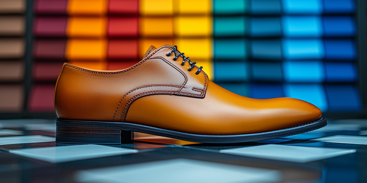 Stylish leather tan shoe on a reflective surface, set against a vibrant multicolored square tile background.