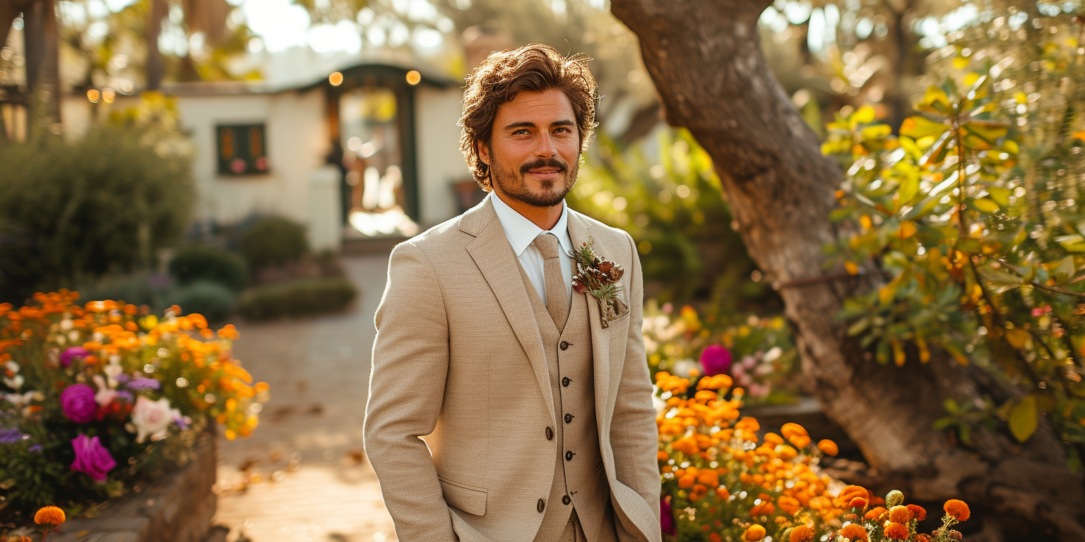 A man with wavy brown hair and a beard is wearing a tan suit with a vest and tie. He stands in a garden with colorful flowers and greenery. A cottage is visible in the background.