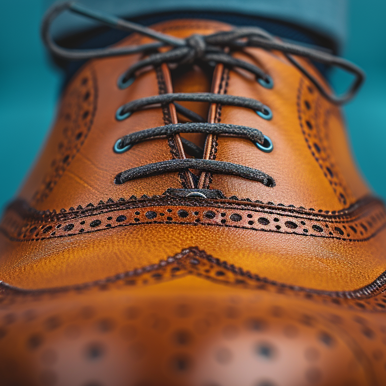 Close-up view of a brown leather brogue lace-up shoe with detailed perforations and dark laces, against a teal background.
