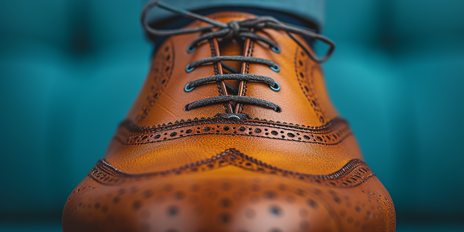 Close-up view of a brown leather brogue lace-up shoe with detailed perforations and dark laces, against a teal background.
