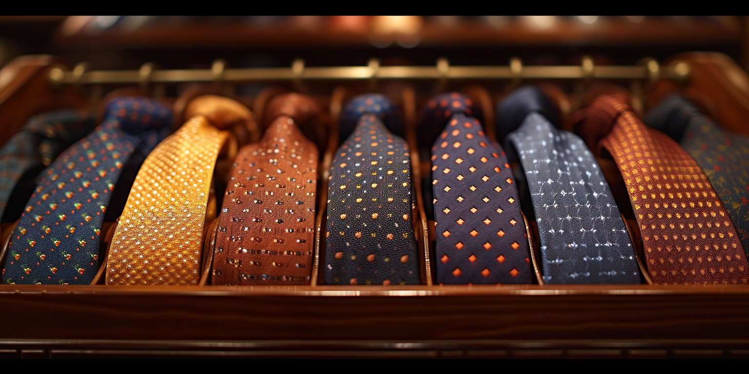 A collection of neckties featuring different designs and colors, predominantly blue, orange, and brown, hanging neatly on a wooden rack.