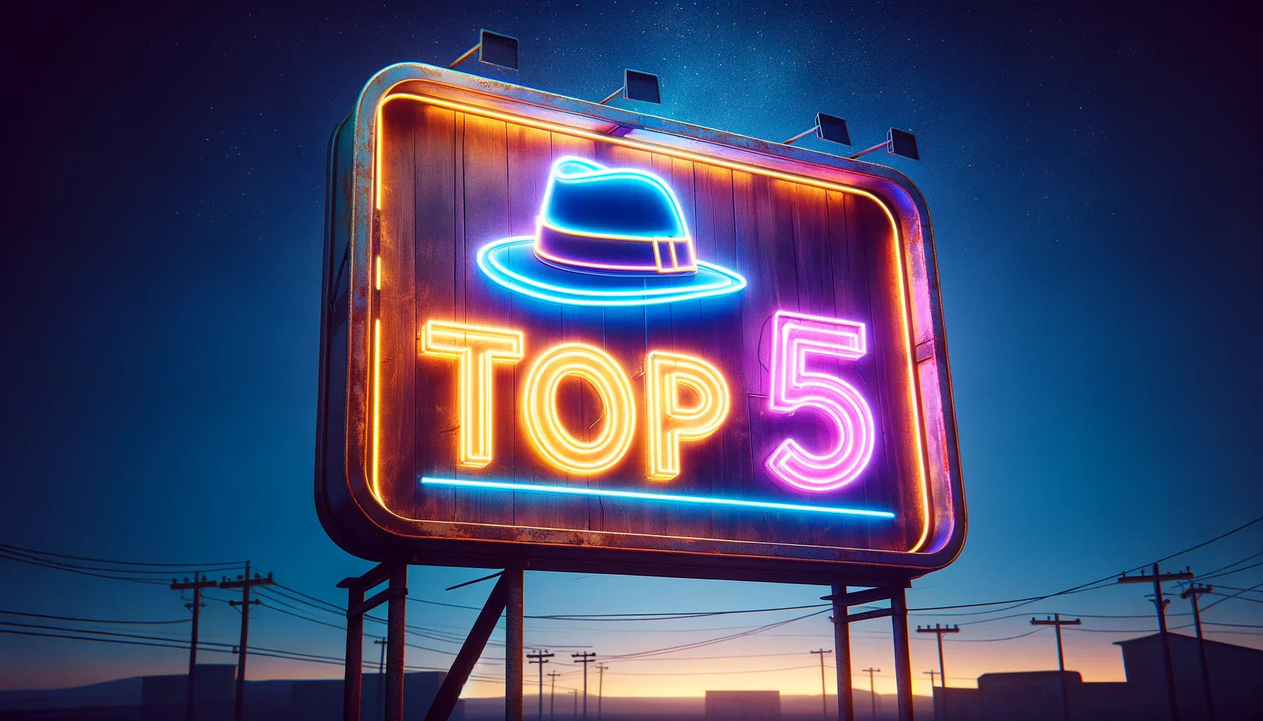 A large neon sign reads 'Top 5' with an image of a hat above the text. The sign is lit in bright colors against a dark, evening sky. Power lines and buildings are visible in the background.