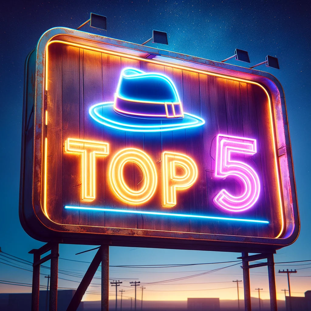 A large neon sign reads 'Top 5' with an image of a hat above the text. The sign is lit in bright colors against a dark, evening sky. Power lines and buildings are visible in the background.
