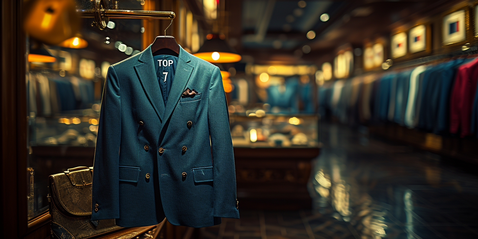  a turquoise blazer hanged on a clothes store with the word "top 7"
