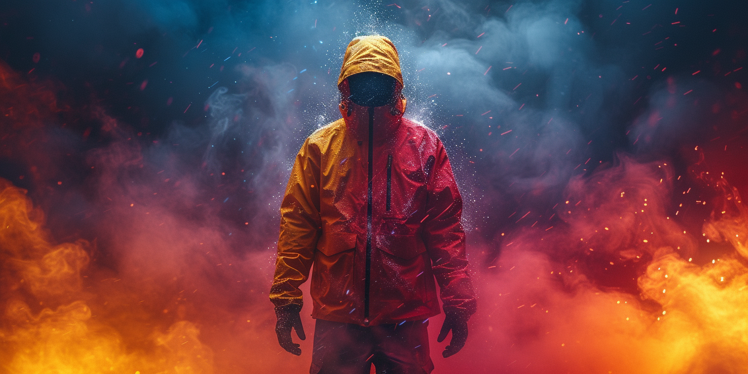 A person wearing a hooded jacket stands surrounded by colorful smoke. The smoke is a mix of blue, red, and orange, creating a dramatic and vibrant atmosphere.