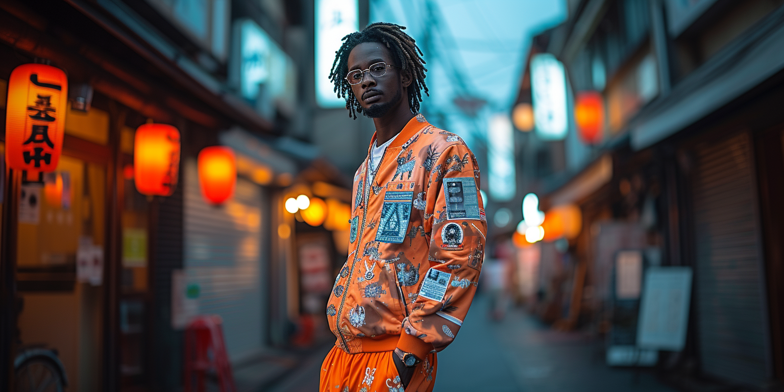A man with dreadlocks and glasses stands in a narrow street decorated with red lanterns. He is wearing an orange jacket with various patches and matching orange pants. The background shows shops and buildings with a warm, evening glow.
