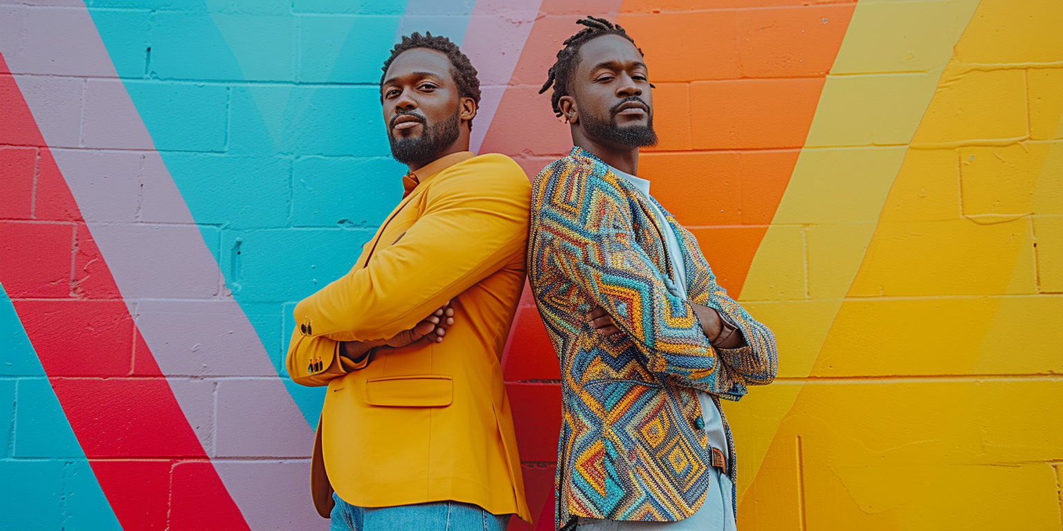 Two men stand back to back in front of a colorful mural. The man on the left wears a yellow blazer, and the man on the right wears a patterned jacket. Both have confident expressions and arms crossed