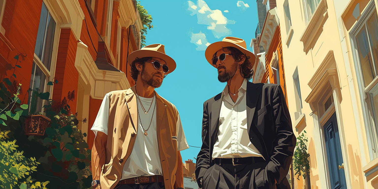 Two fashionable men, one in a beige outfit and the other in black, both wearing hats and sunglasses, walk down a bright, sunlit street lined with charming buildings