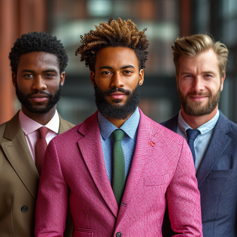 Five men stand side by side, each wearing a colorful suit. From left to right, the suits are green, brown, pink, blue, and burgundy. The men have diverse hairstyles and expressions, and they are standing in an urban setting.
