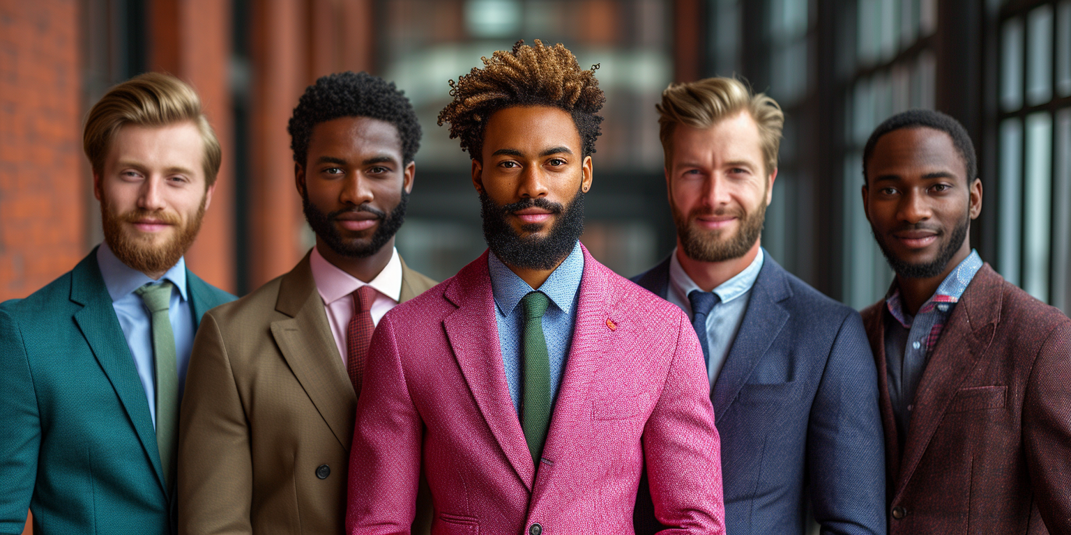 Five men stand side by side, each wearing a colorful suit. From left to right, the suits are green, brown, pink, blue, and burgundy. The men have diverse hairstyles and expressions, and they are standing in an urban setting.