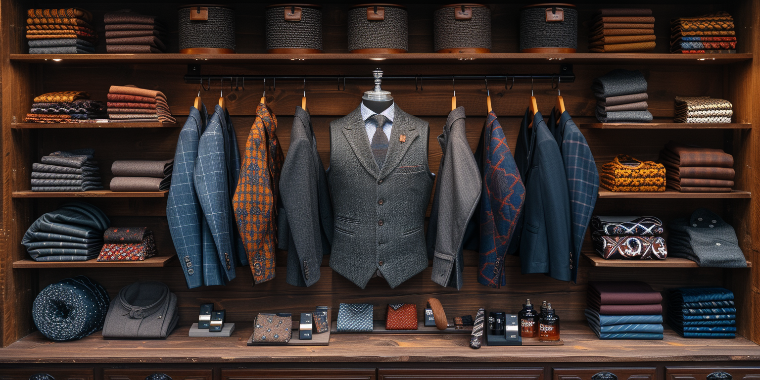 A neatly arranged closet showcasing a variety of suits, jackets, shirts, ties, and other accessories, with a central mannequin dressed in a grey vest and tie.
