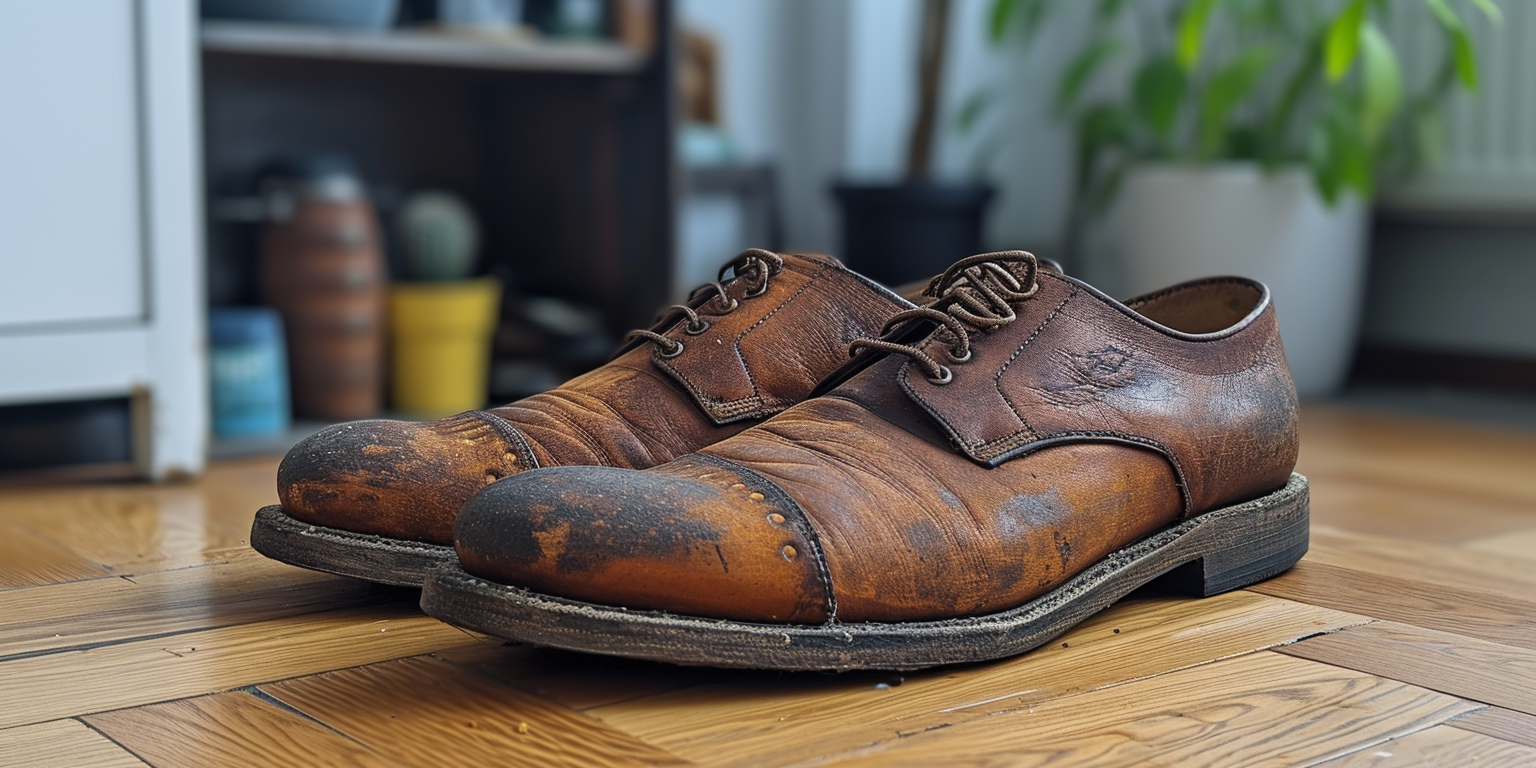 a pair of leather shoes in bad condition.