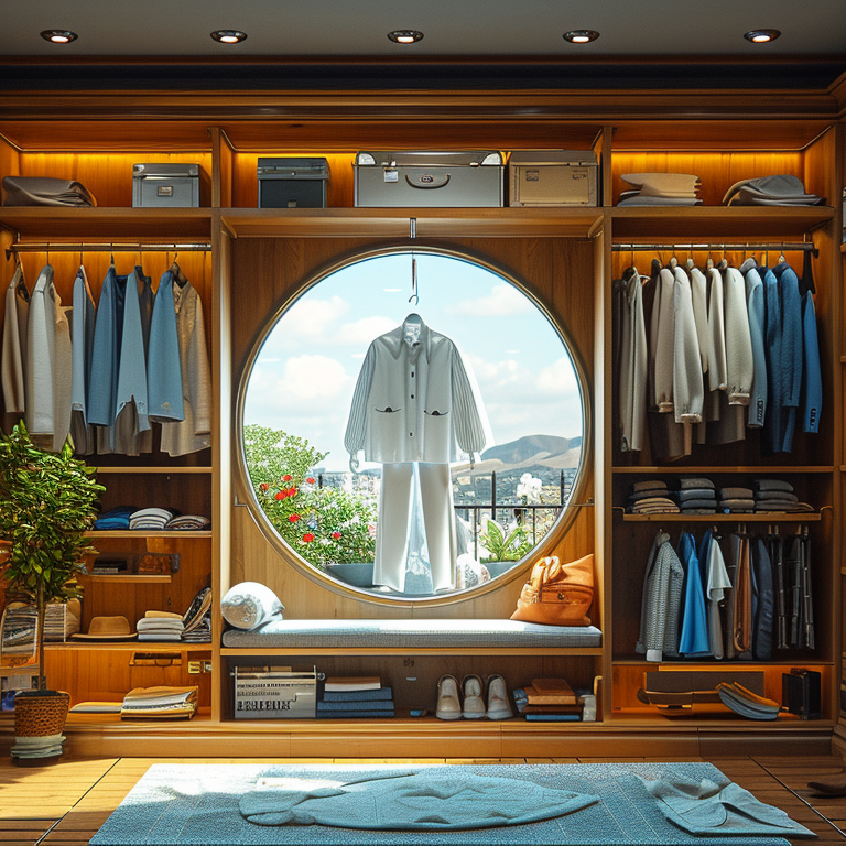 Luxurious walk-in closet featuring a sophisticated men's walking suit displayed in a large circular window, surrounded by an extensive collection of suits, shoes, and accessories, with a picturesque outdoor view.
