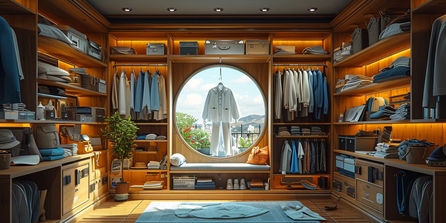 Luxurious walk-in closet featuring a sophisticated men's walking suit displayed in a large circular window, surrounded by an extensive collection of suits, shoes, and accessories, with a picturesque outdoor view.