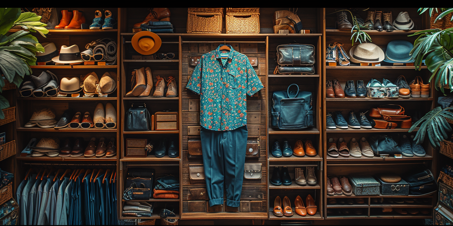 An organized closet with a walking suit consisting of a floral shirt and blue pants hanging in the middle, surrounded by shelves filled with shoes, hats, bags, and other clothing items.