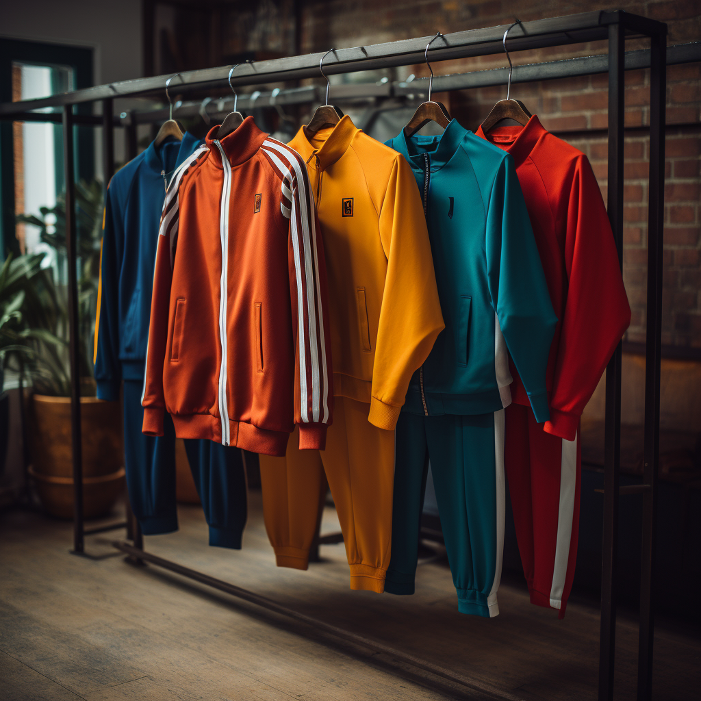 five tracksuits (a red one, a turquoise one, a yellow one, an orange one and a blue one) hanged on a clothes rack.