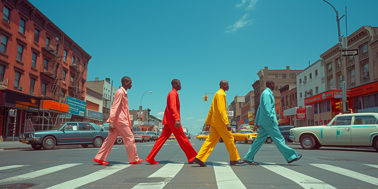 Four men wearing colorful walking suits walk across a crosswalk in a city. They are dressed in pink, red, yellow, and blue suits. The street is lined with buildings and cars, and the sky is clear and blue.