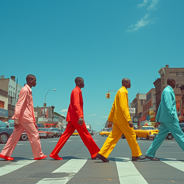 Four men wearing colorful walking suits walk across a crosswalk in a city. They are dressed in pink, red, yellow, and blue suits. The street is lined with buildings and cars, and the sky is clear and blue.