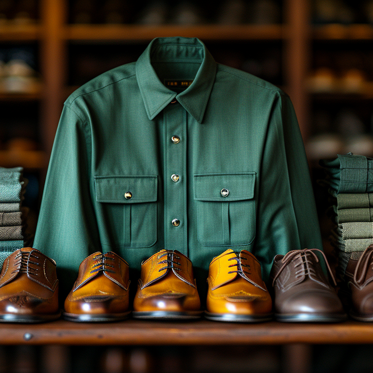 set of a walking suit (dress shirt and pants set) folded on top of a table. a walking suit green dress shirt on display on top of the same table with a variety of dress shoes in front of it. 