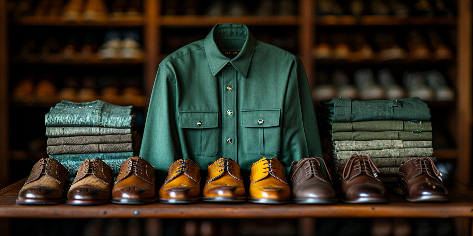 set of a walking suit (dress shirt and pants set) folded on top of a table. a walking suit green dress shirt on display on top of the same table with a variety of dress shoes in front of it. 
