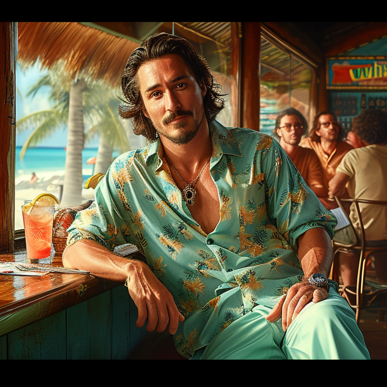 A man with wavy hair and a relaxed smile leans against a bar counter. He is wearing a light green tropical shirt and matching pants. The bar has a beach view with palm trees and ocean waves visible through the window. 